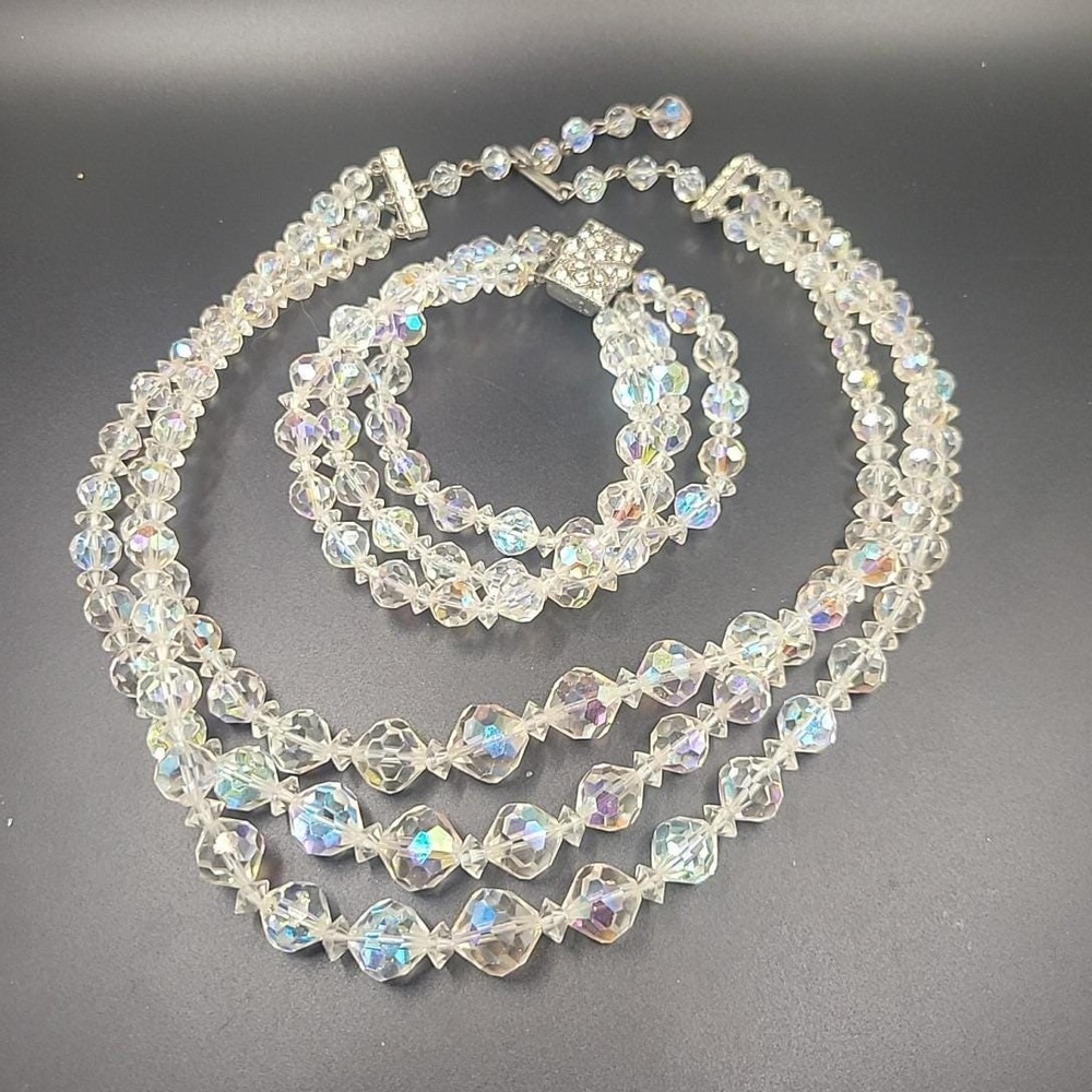 Vintage Aurora Borealis AB Crystal Triple Strand Necklace Bracelet Set 15" Glam
